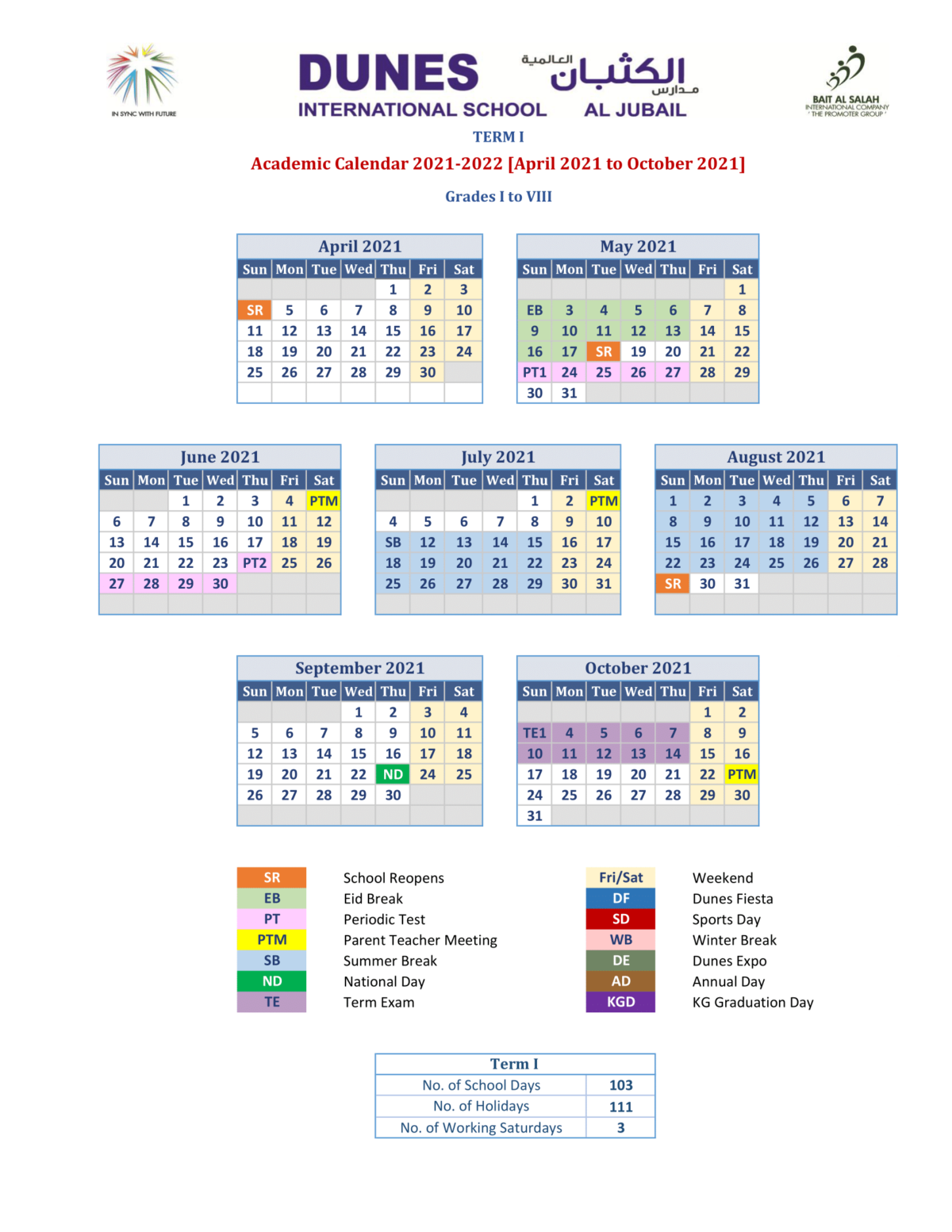 Academic Calendar Dunes Internationals School
