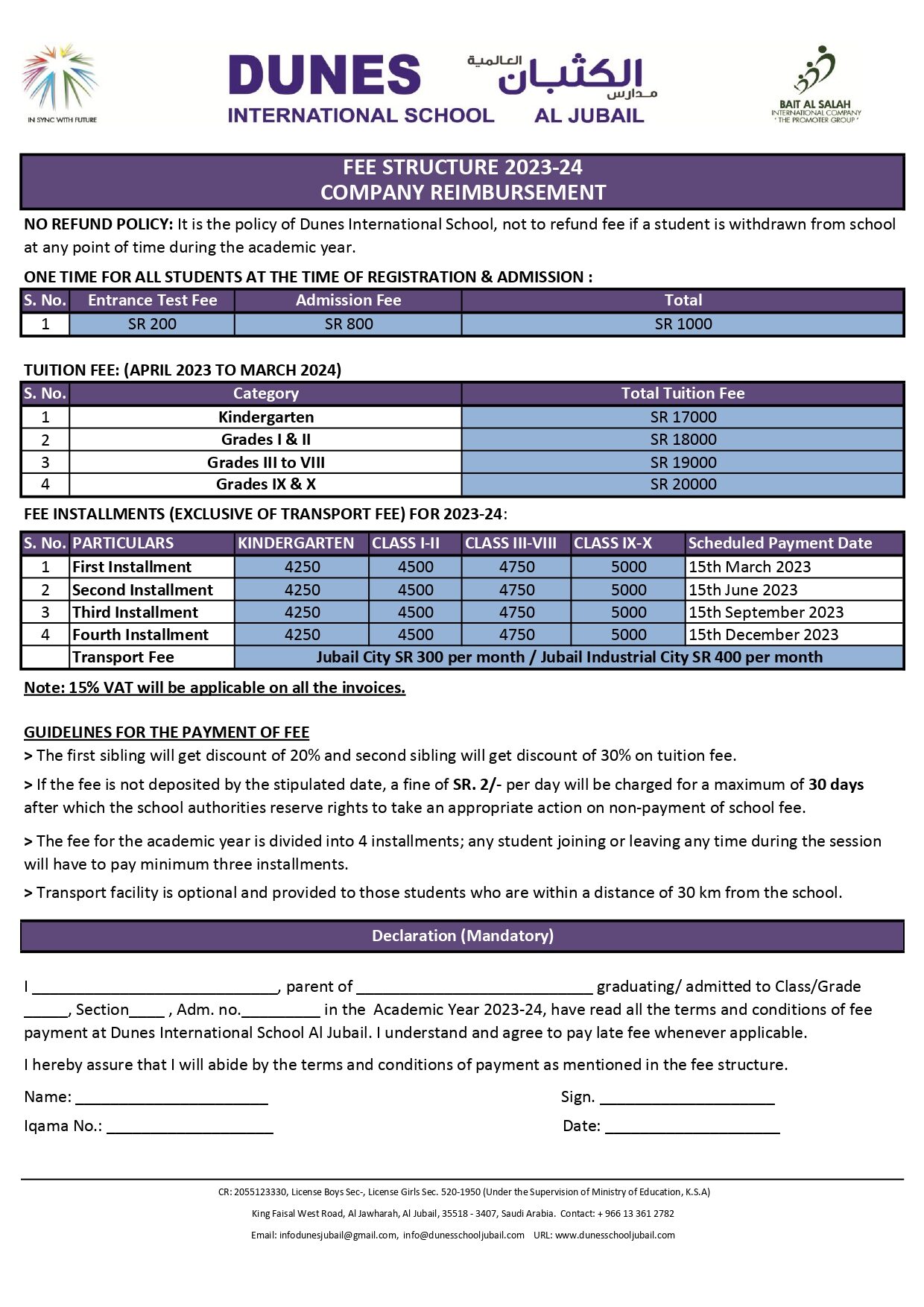 Fees Structure – Dunes Internationals School